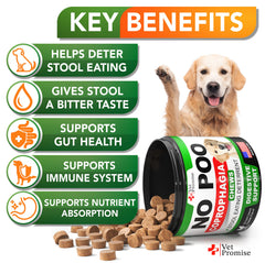 Vet Promise No Poo masticables, probióticos y enzimas para una digestión más suave.