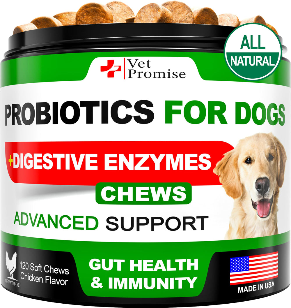 Vet Promise probióticos para perro, comprimidos masticables que apoyan la digestión.
