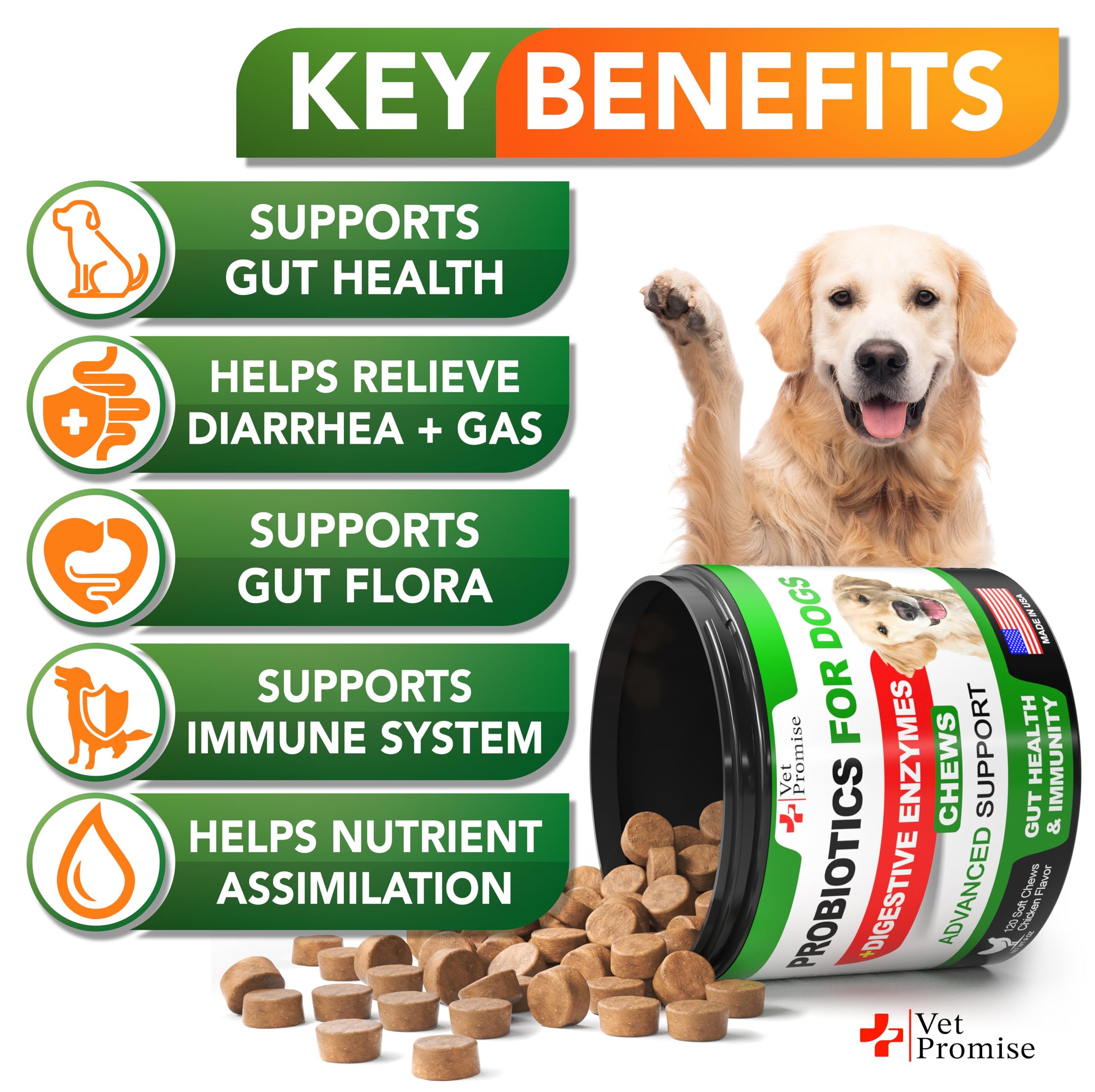 Vet Promise probióticos para perro, uso diario para piel y alergias.