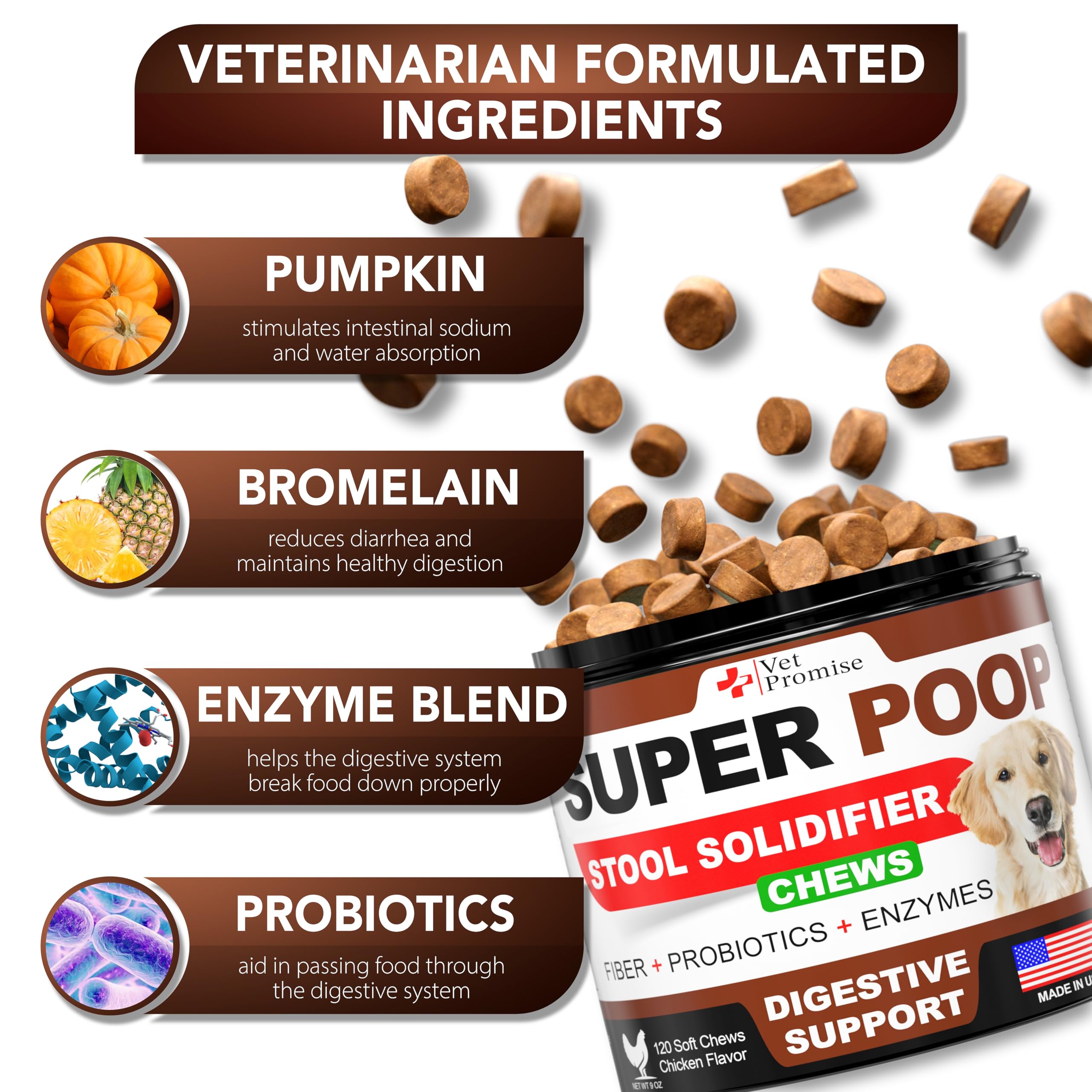 Fórmula cuatro en uno de Vet Promise para digestión, con probióticos y enzimas.