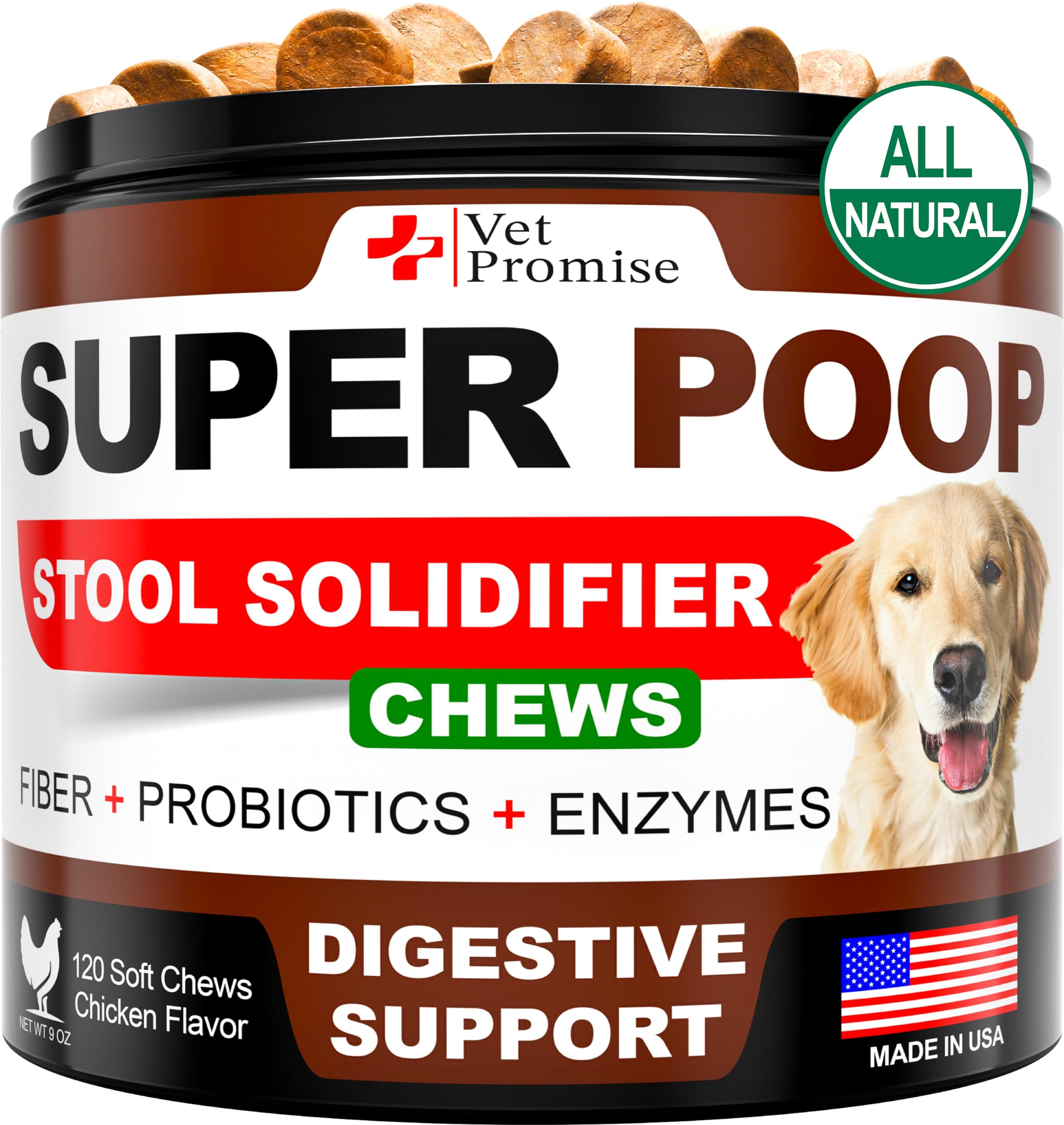 Empaque Vet Promise Super Poop Probióticos para perros, práctico y fácil de usar.