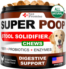 Empaque Vet Promise Super Poop Probióticos para perros, práctico y fácil de usar.