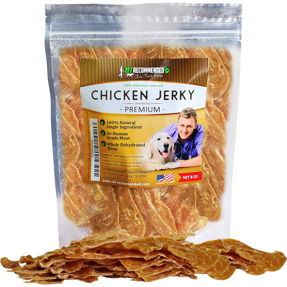 Vet Recommended tiras de pollo deshidratadas premium en bolsa de 8 oz para entrenamiento.