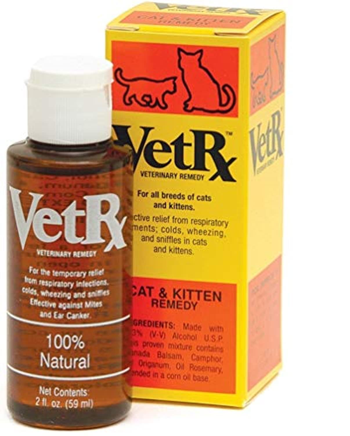 Vet RX bote para gatos, enfoque en el envase, apoyo potencial para molestias respiratorias.