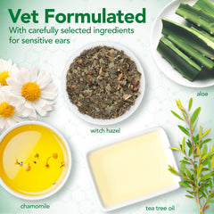 Ingredientes naturales como hamamelis y aloe vera en Vet's Best.