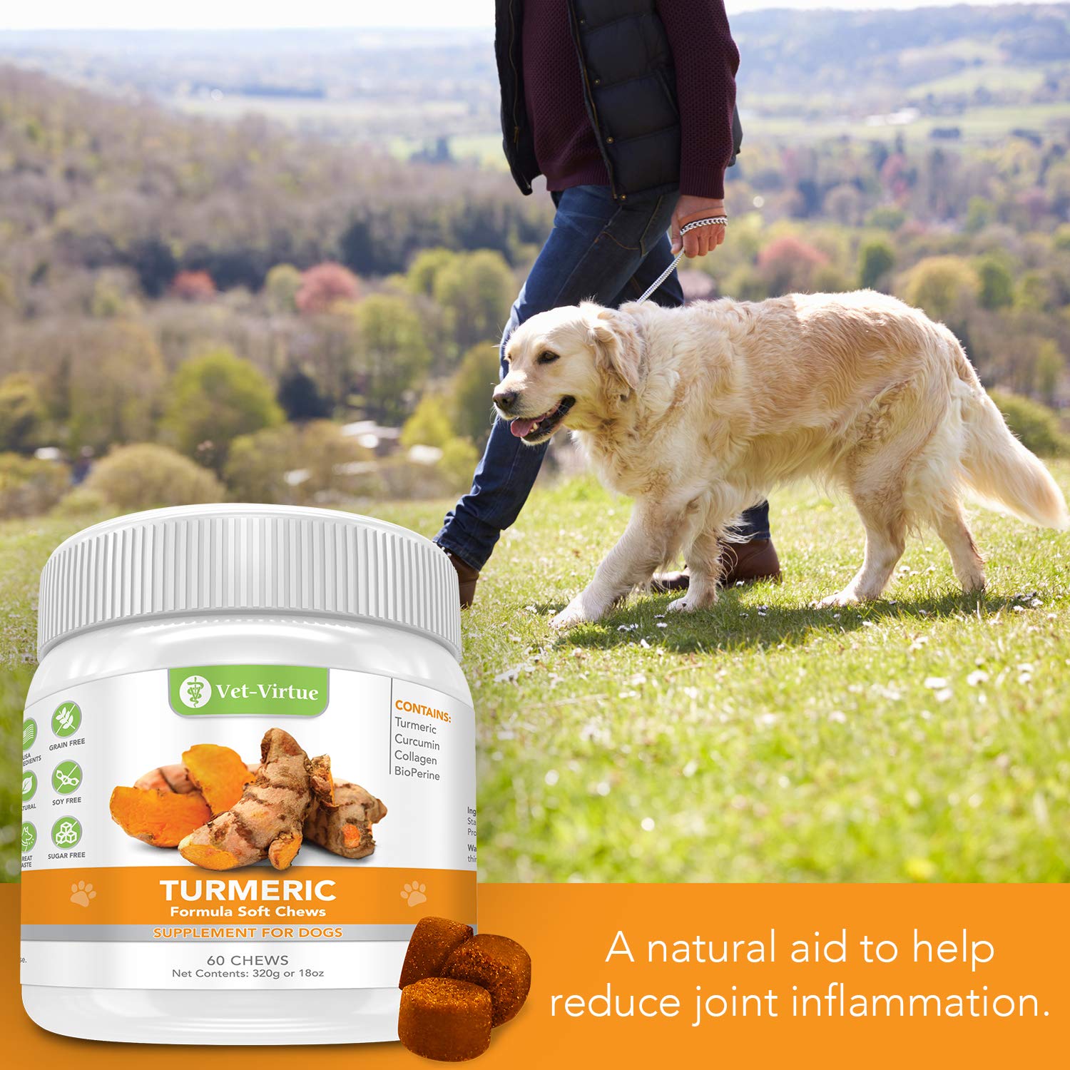 Vet-Virtue Curcuma para perros – contiene colageno para articulaciones saludables.
