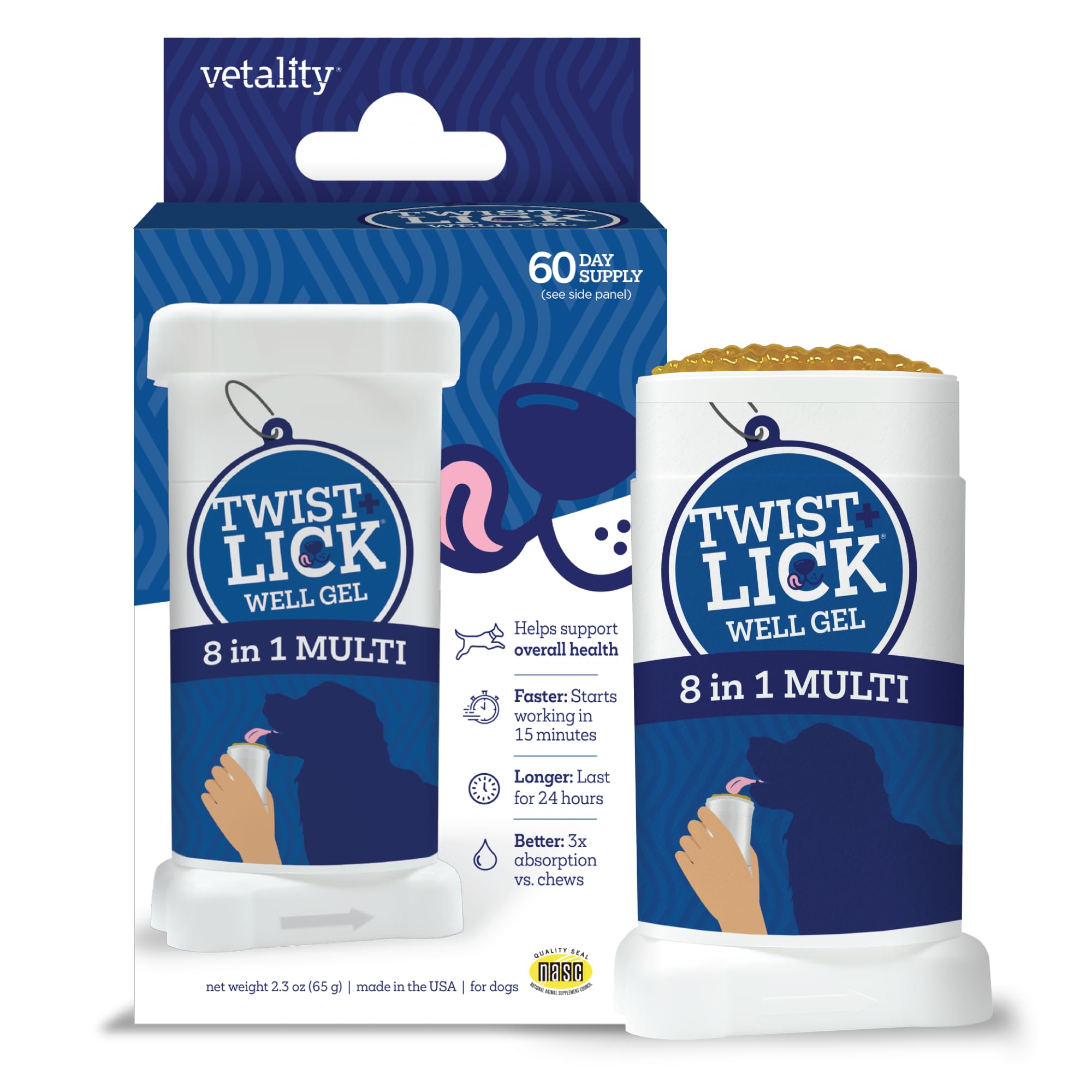 Botella Vetality Twist y Lick abierta, lista para dosis diarias.