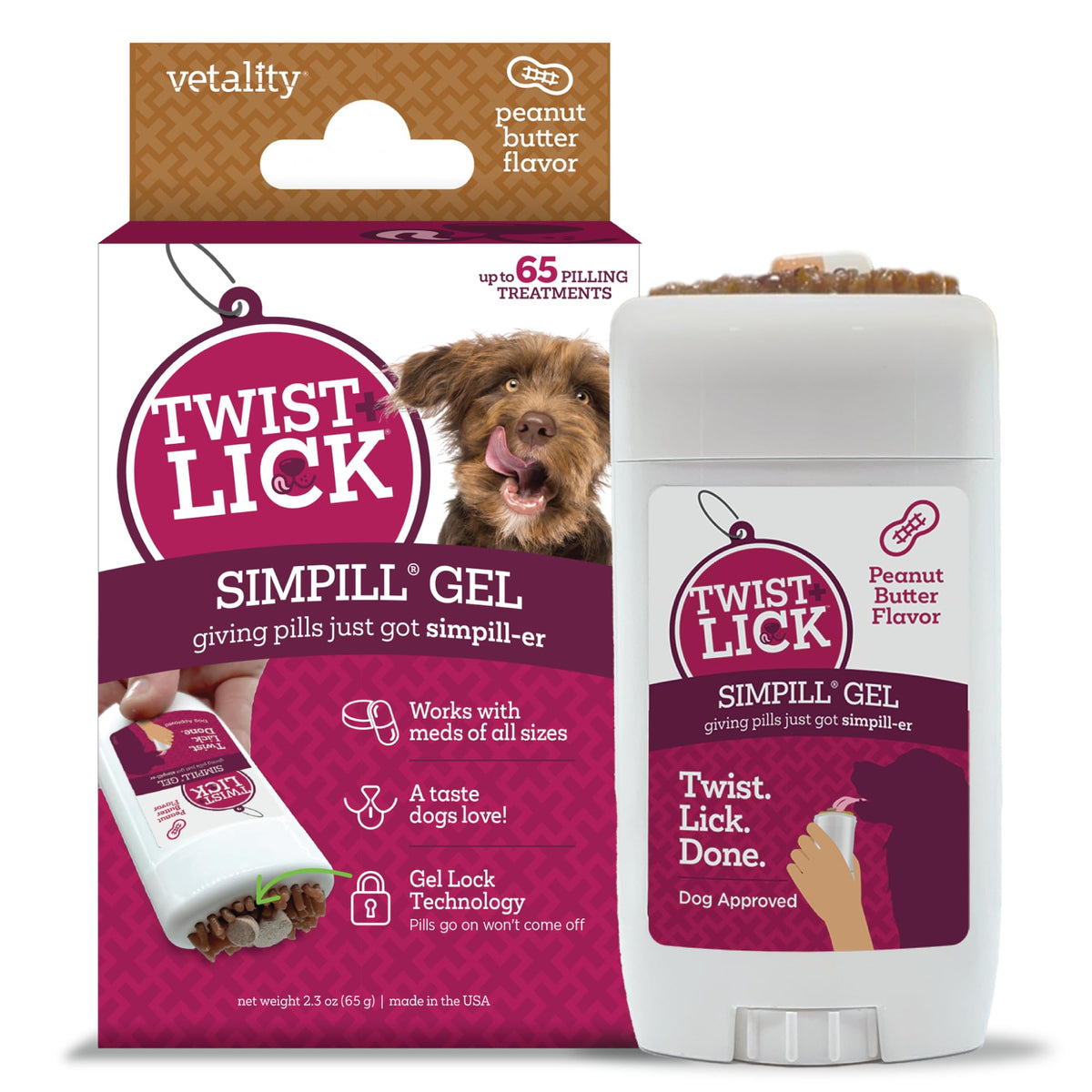 Vetality Twist + Lick SimPill, bote del tratamiento para perros, facilita la medicación diaria.
