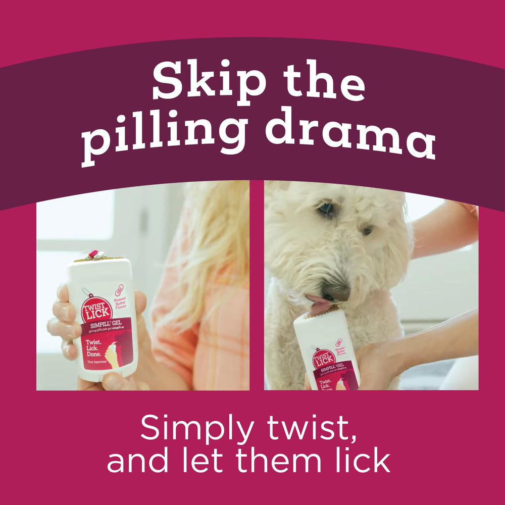 Vetality Twist + Lick SimPill sabor crema de cacahuete atrae al perro y facilita la toma.