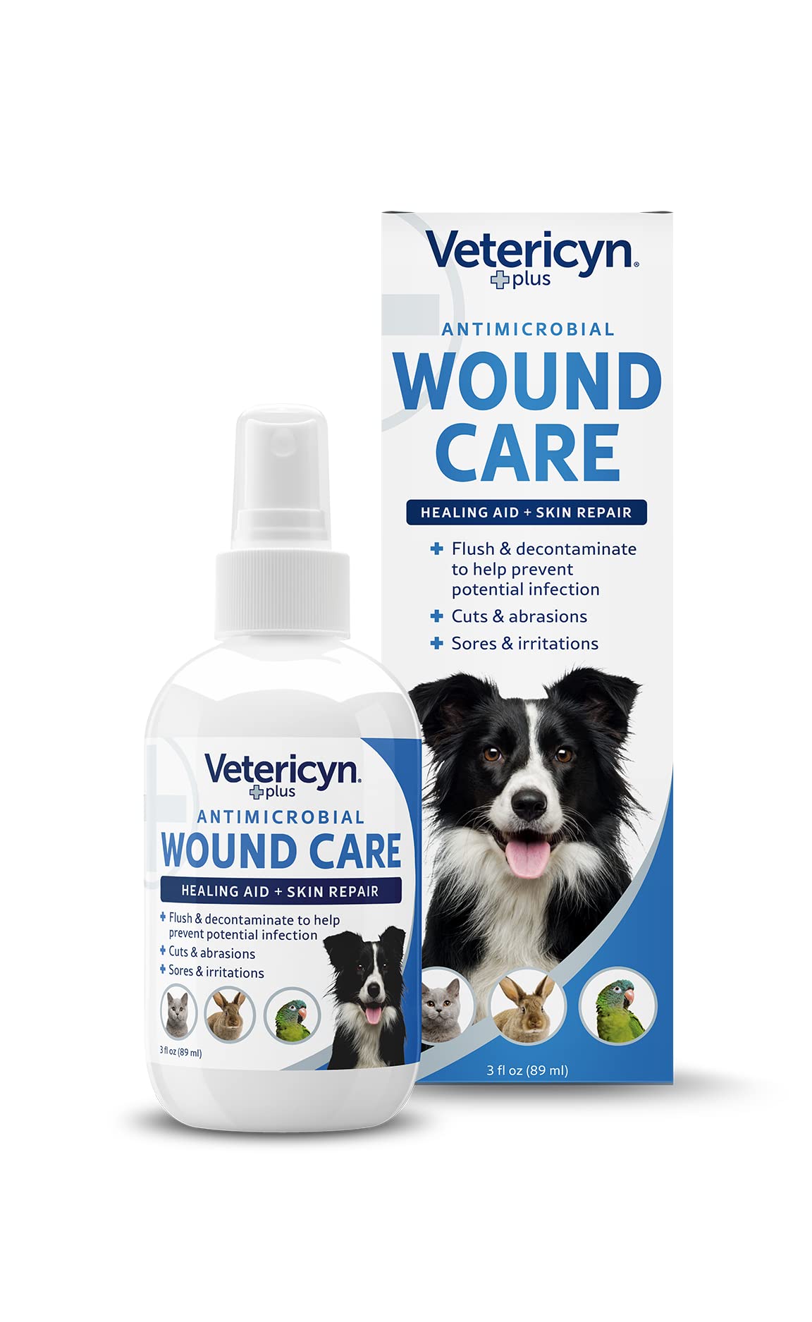 Vetericyn Plus spray para perros aplicando en una herida, limpia y alivia irritaciones.