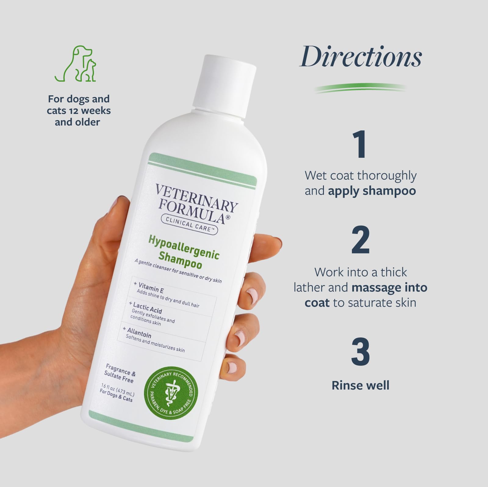 Etiqueta clara de Veterinary Formula Champú Clínico resalta ingredientes calmantes para el pelaje.