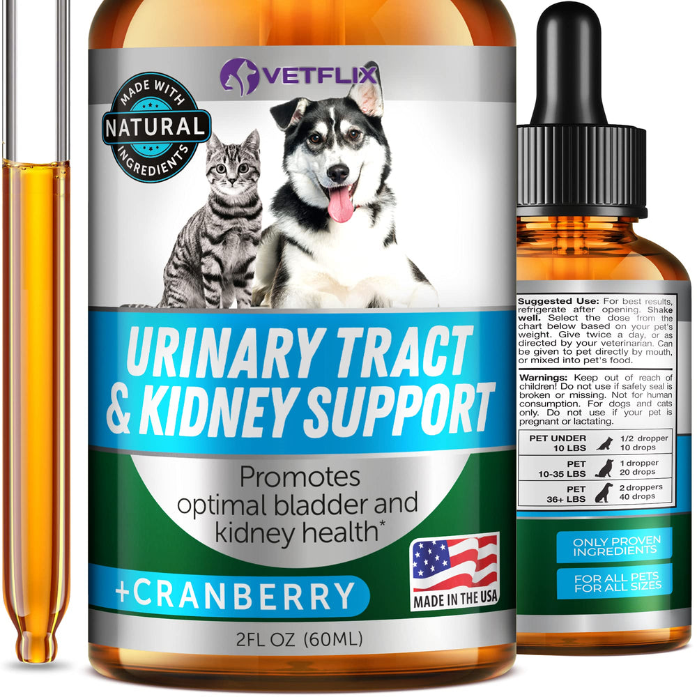 Vetflix gotas arándano en frasco, apoyo a la salud urinaria de perros y gatos.