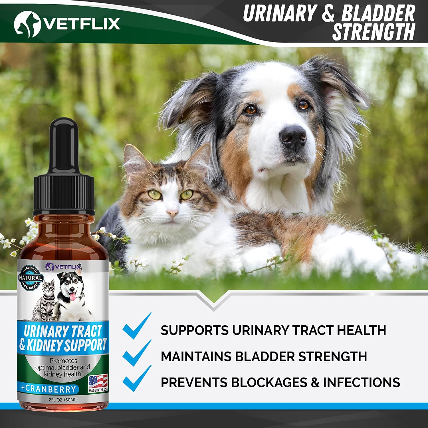 Etiqueta del producto Vetflix arándano destacando uso urinario natural.