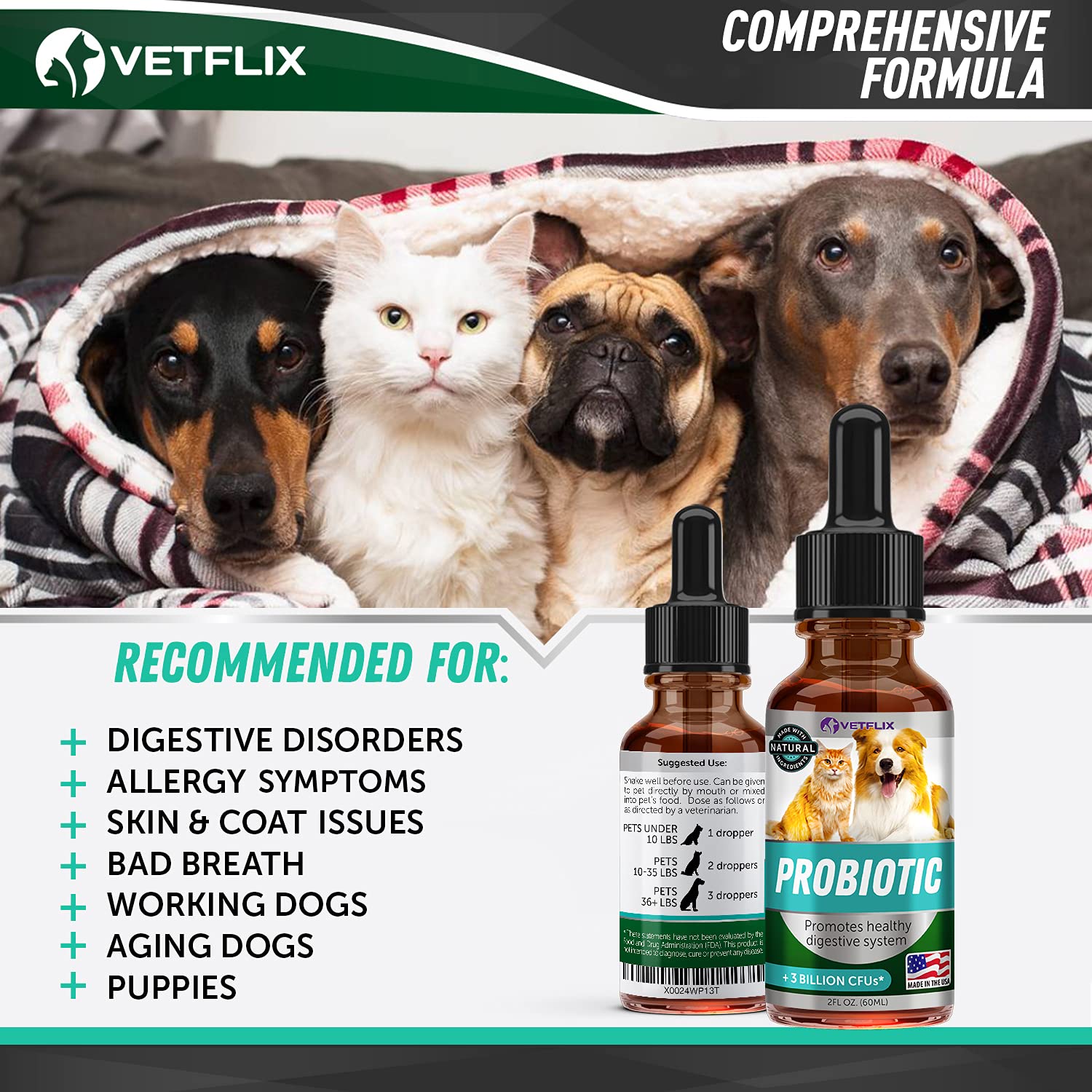 Vetflix Premium Probióticos: enzimas digestivas y fibra para una digestión suave