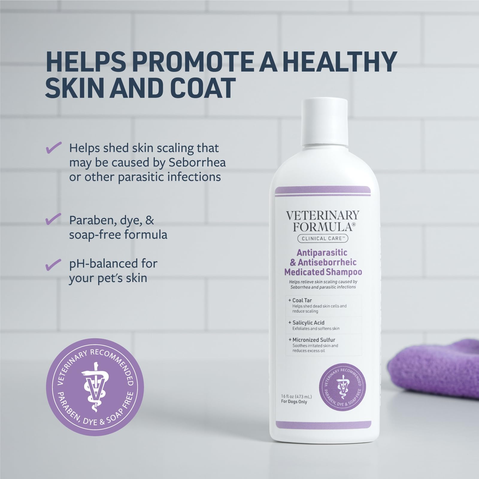 Veterinary Formula Clinical Care champú hidratante para perros, suaviza piel y pelaje.