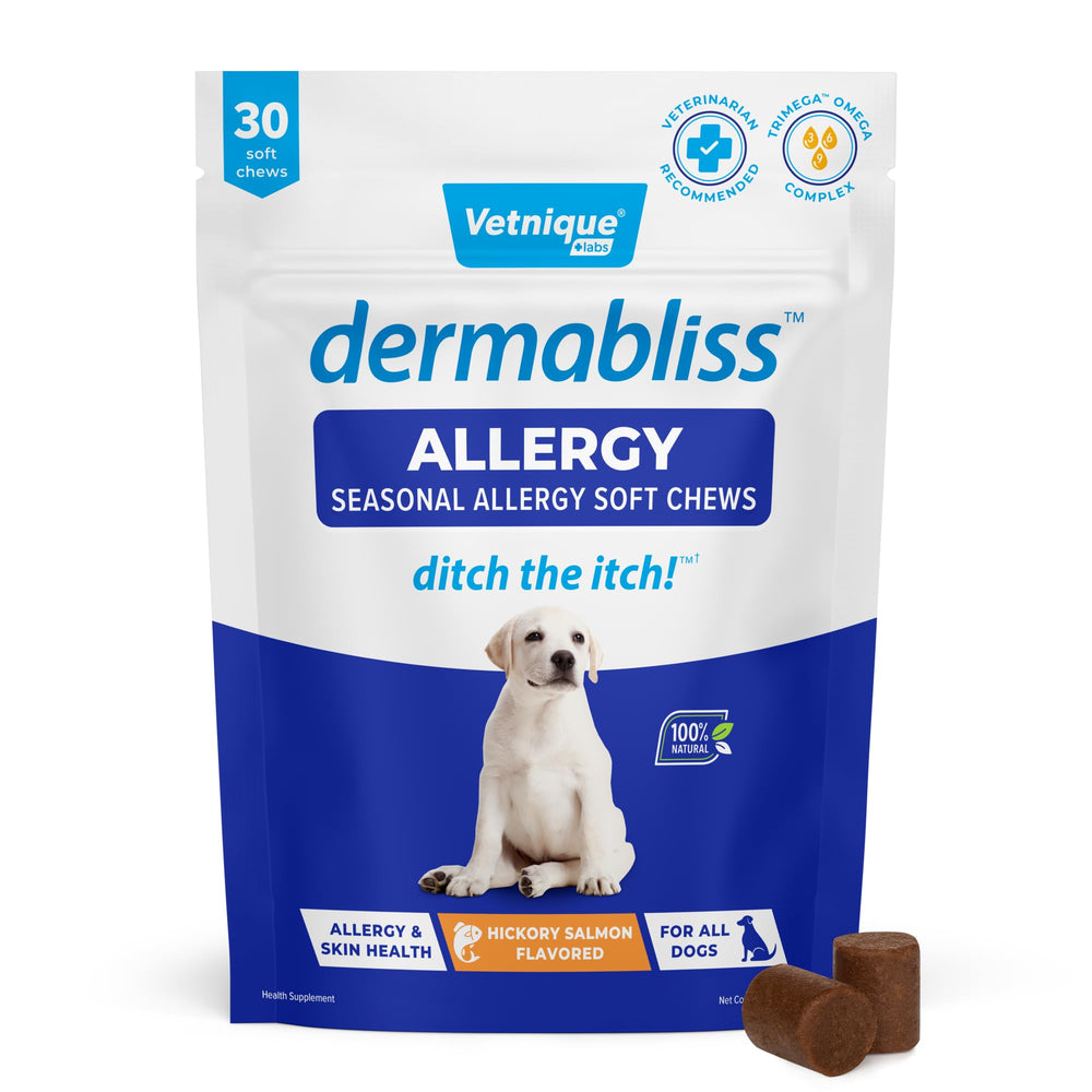 Dermabliss de Vetnique en botella vertido para piel y pelaje saludables.