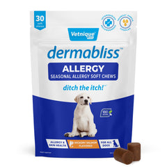 Dermabliss de Vetnique en botella vertido para piel y pelaje saludables.