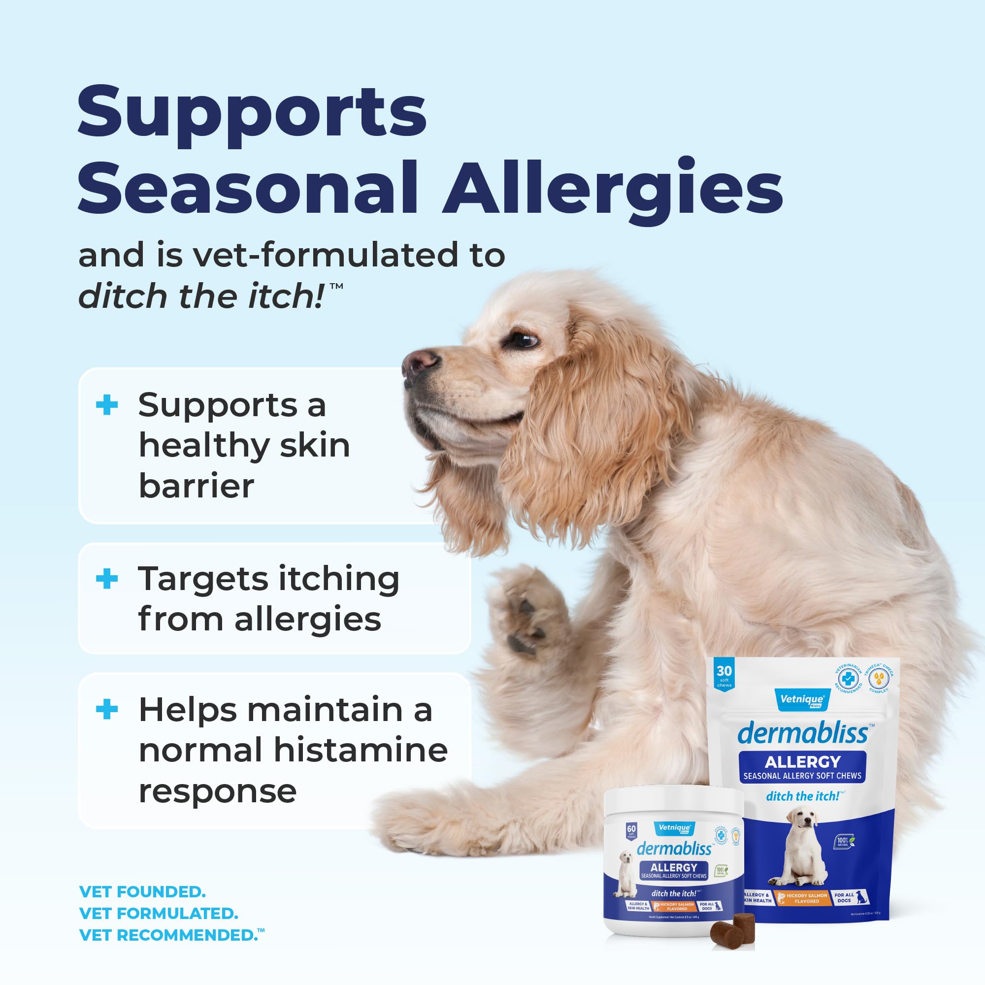 Etiqueta de Dermabliss con sello veterinario y seguridad.