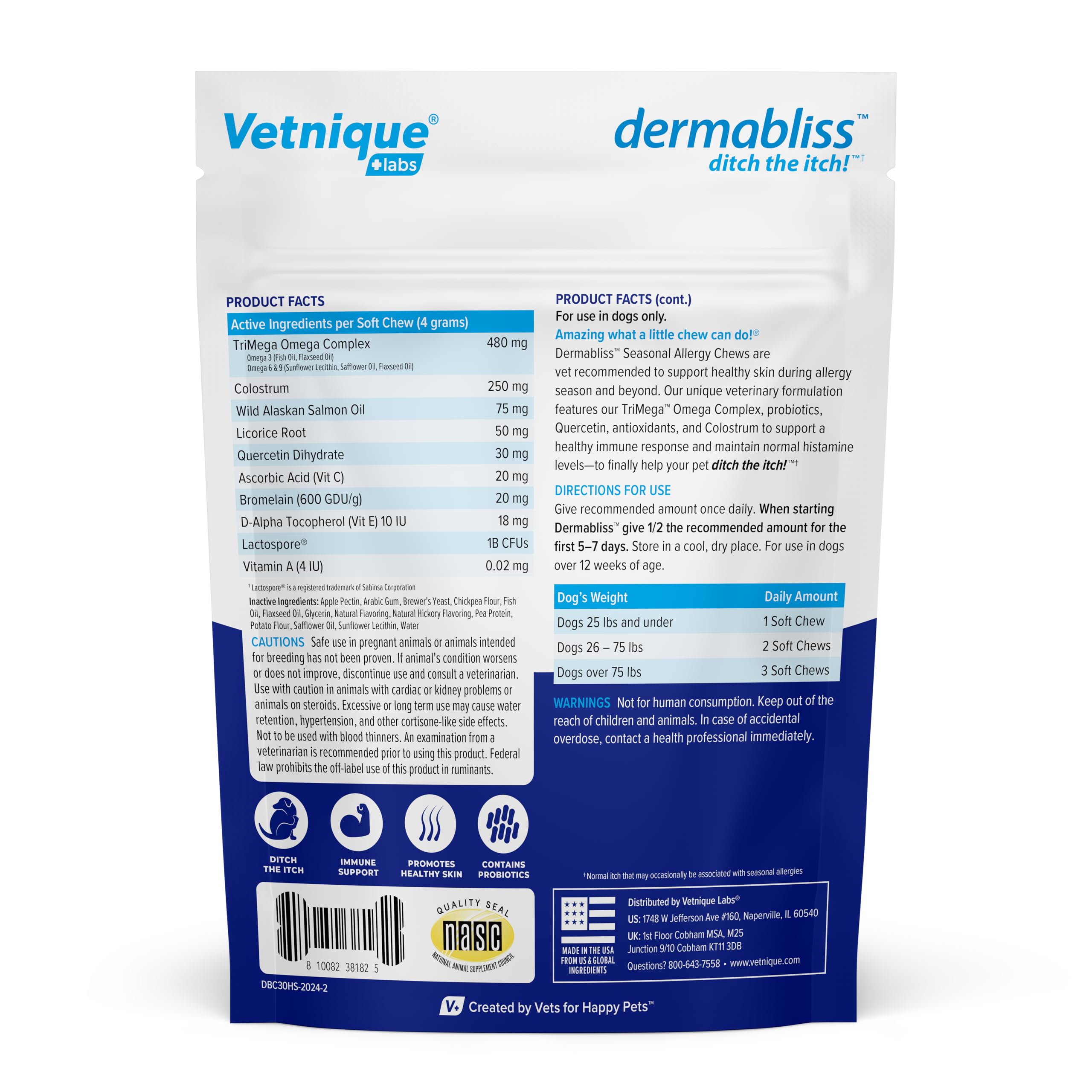 Pastillas Dermabliss para perros en primer plano, alivio de la comezón.