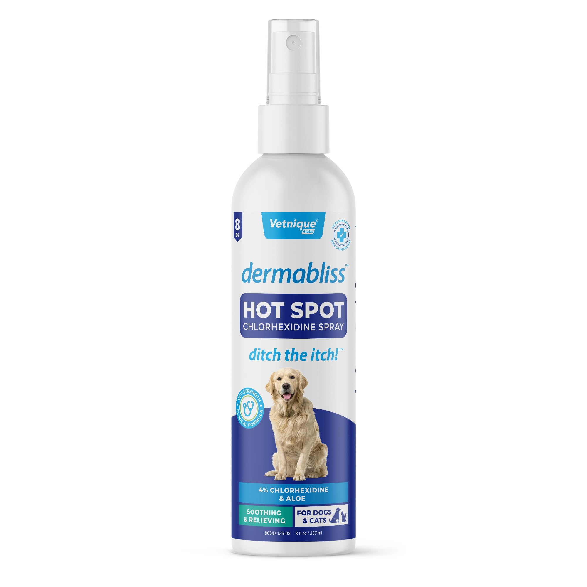 Dermabliss spray en aplicacion sobre la piel del perro para alivio suave.
