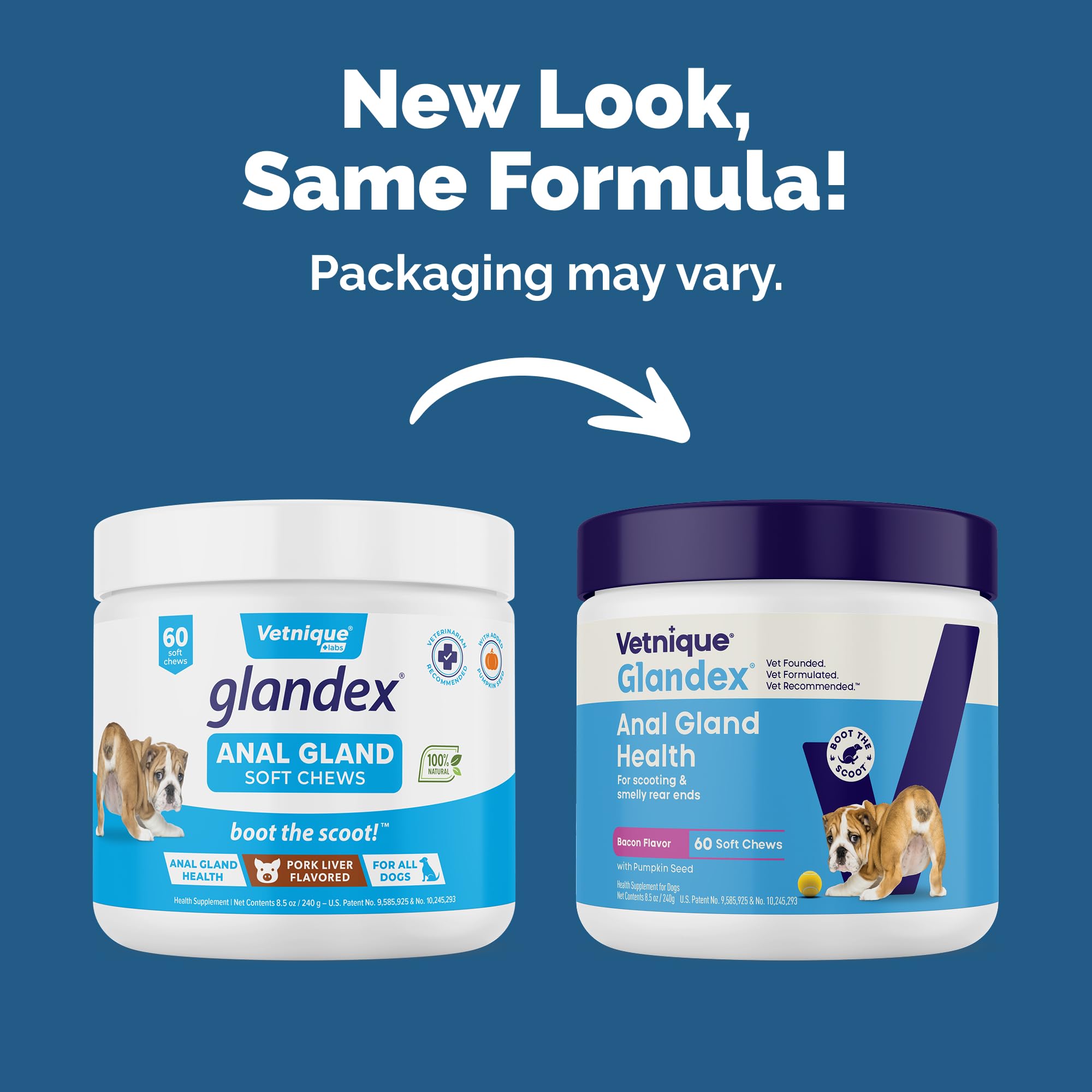 Vetnique Glandex: frasco lateral con chuches de tocino para perros