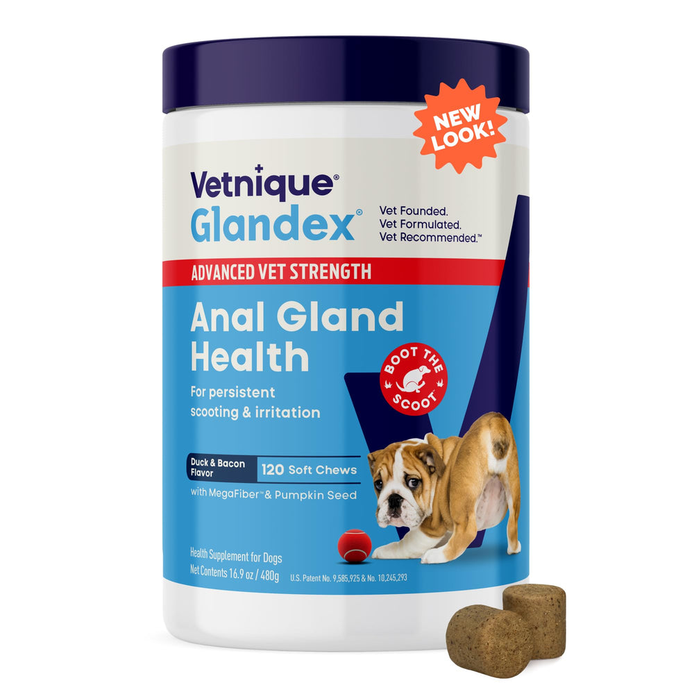 Pastillas suaves Vetnique Glandex para glándulas anales y apoyo digestivo.