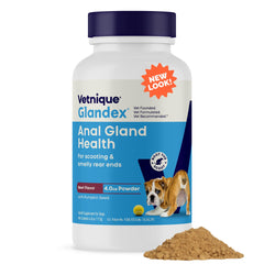 Vetnique Glandex polvo para glándulas anales con calabaza y apoyo digestivo.