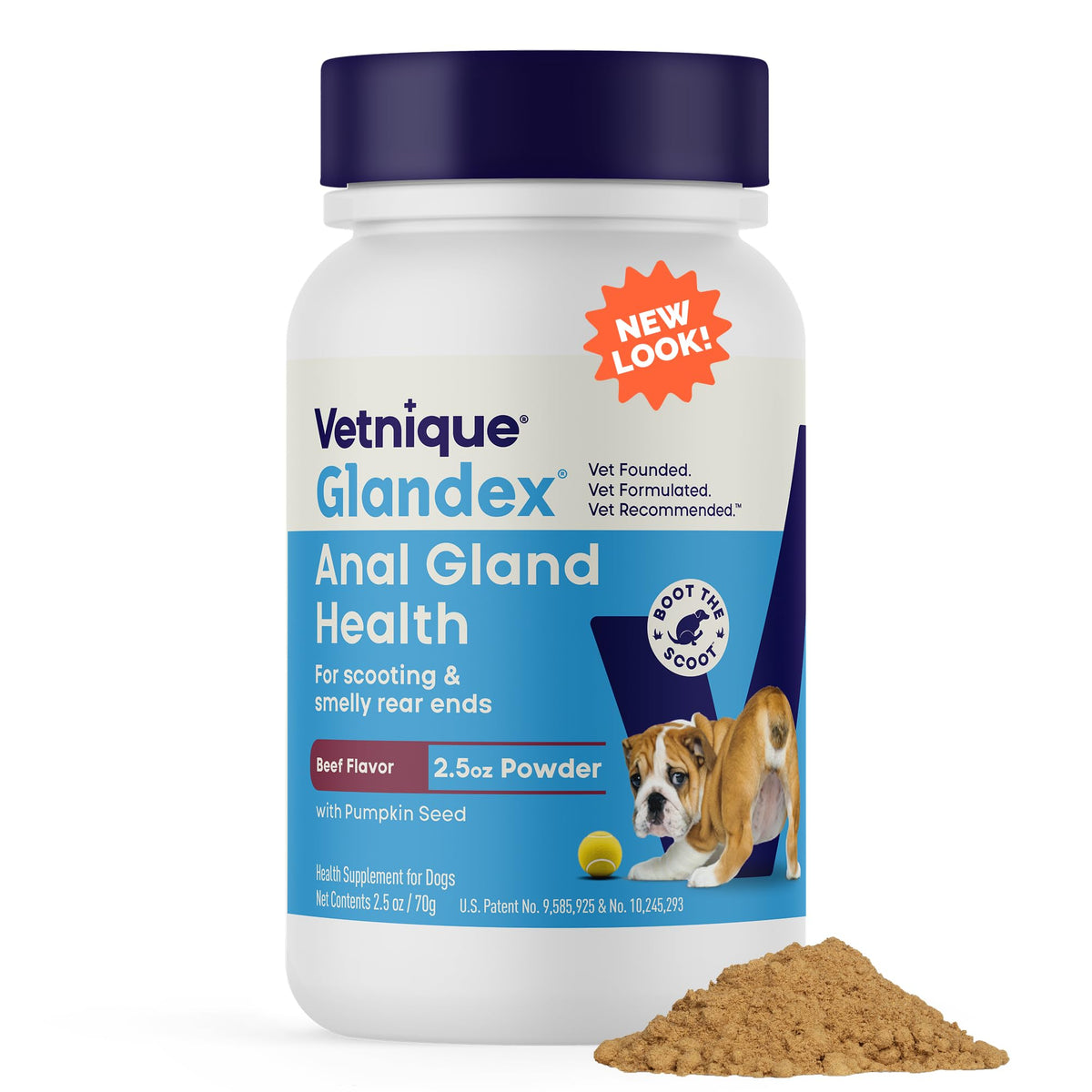 Vetnique Glandex polvo en bote, apoyo a glándulas anales de forma natural.