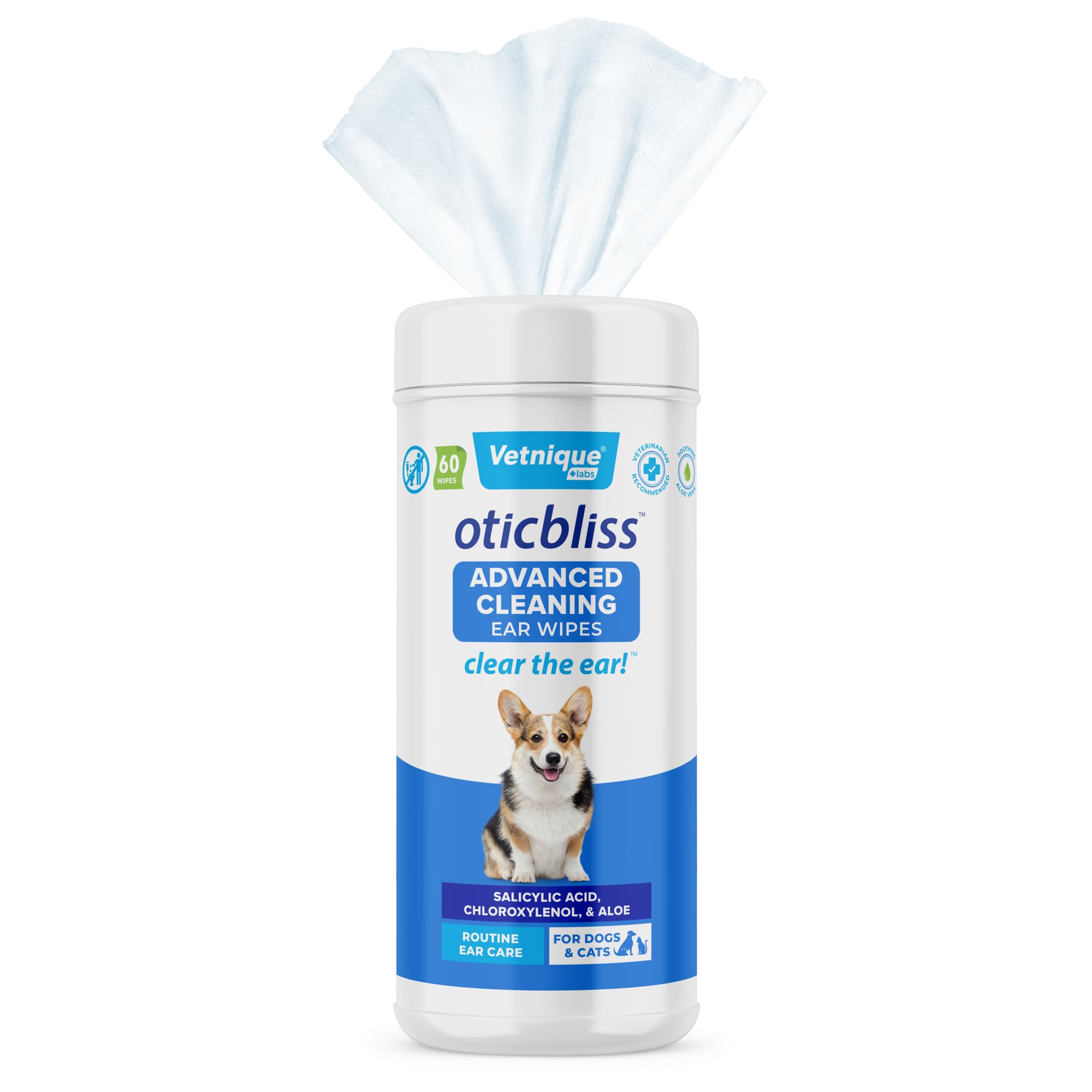 Vetnique Oticbliss: toallitas-orejas-gato-perro para limpieza suave y rápida.