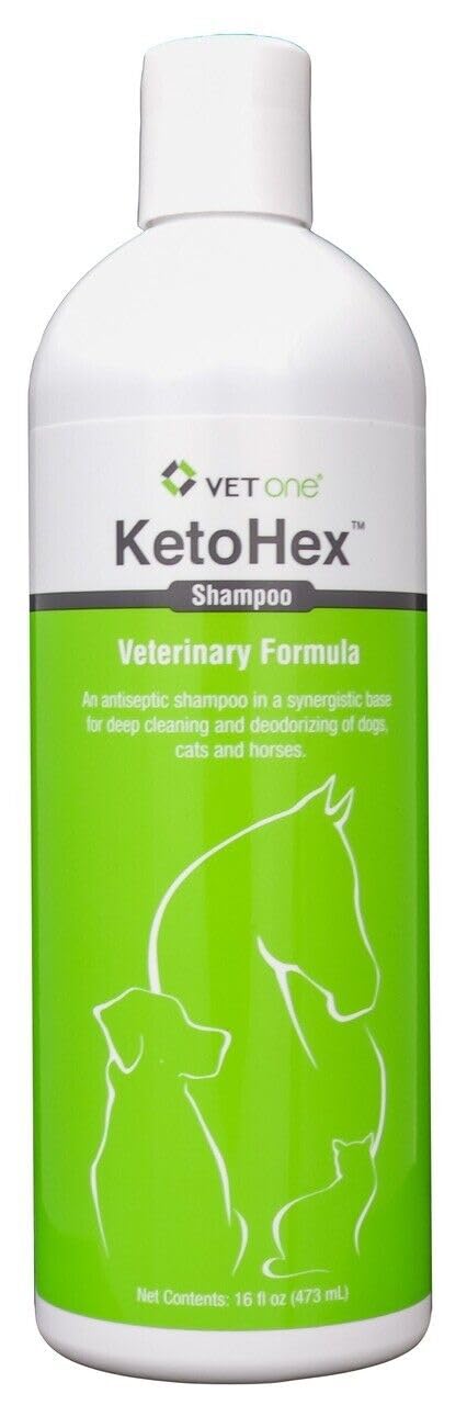 Vet One KetoHex champú para perros y gatos: botella, limpieza suave y antibacteriana.