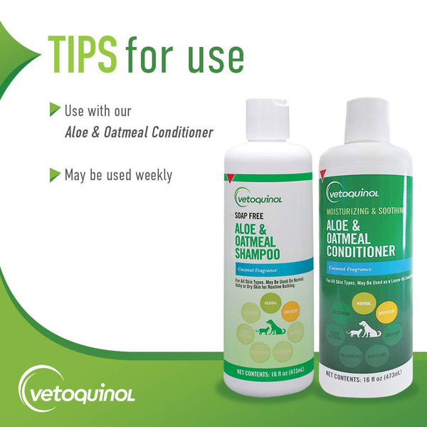 Aplicar con la palma para distribuir fácilmente, champú Aloe y Oatmeal de Vetoquinol cuida la piel.