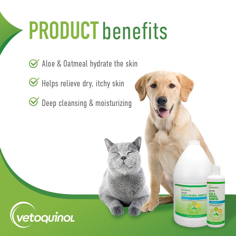 Champú Aloe y Oatmeal de Vetoquinol genera espuma densa para una limpieza suave en mascotas.