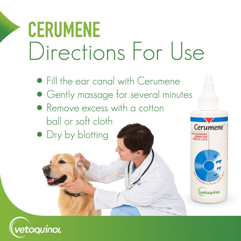 Vetoquinol Cerumene: uso previo a otras fórmulas oticas para facilitar limpieza.