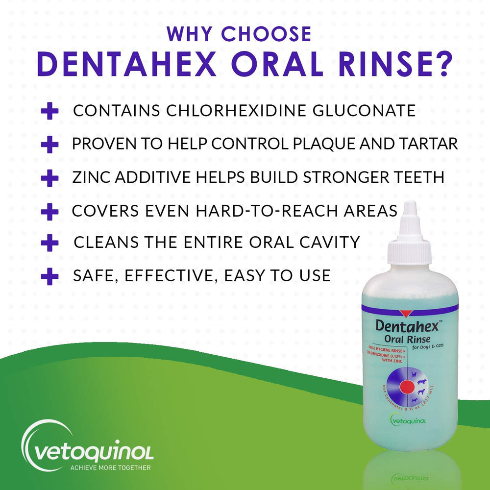 Dentahex placa dental reducida para mascotas, higiene oral mejorada.