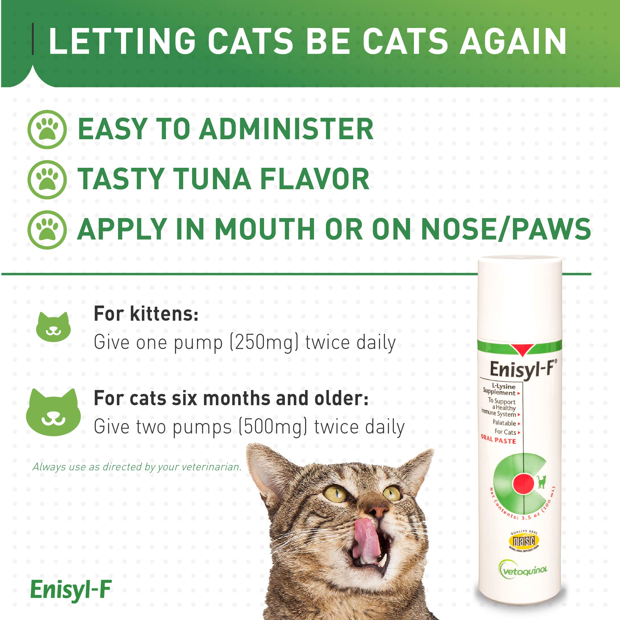 Sabor atún de Enisyl-F atrae a gatos para uso diario.