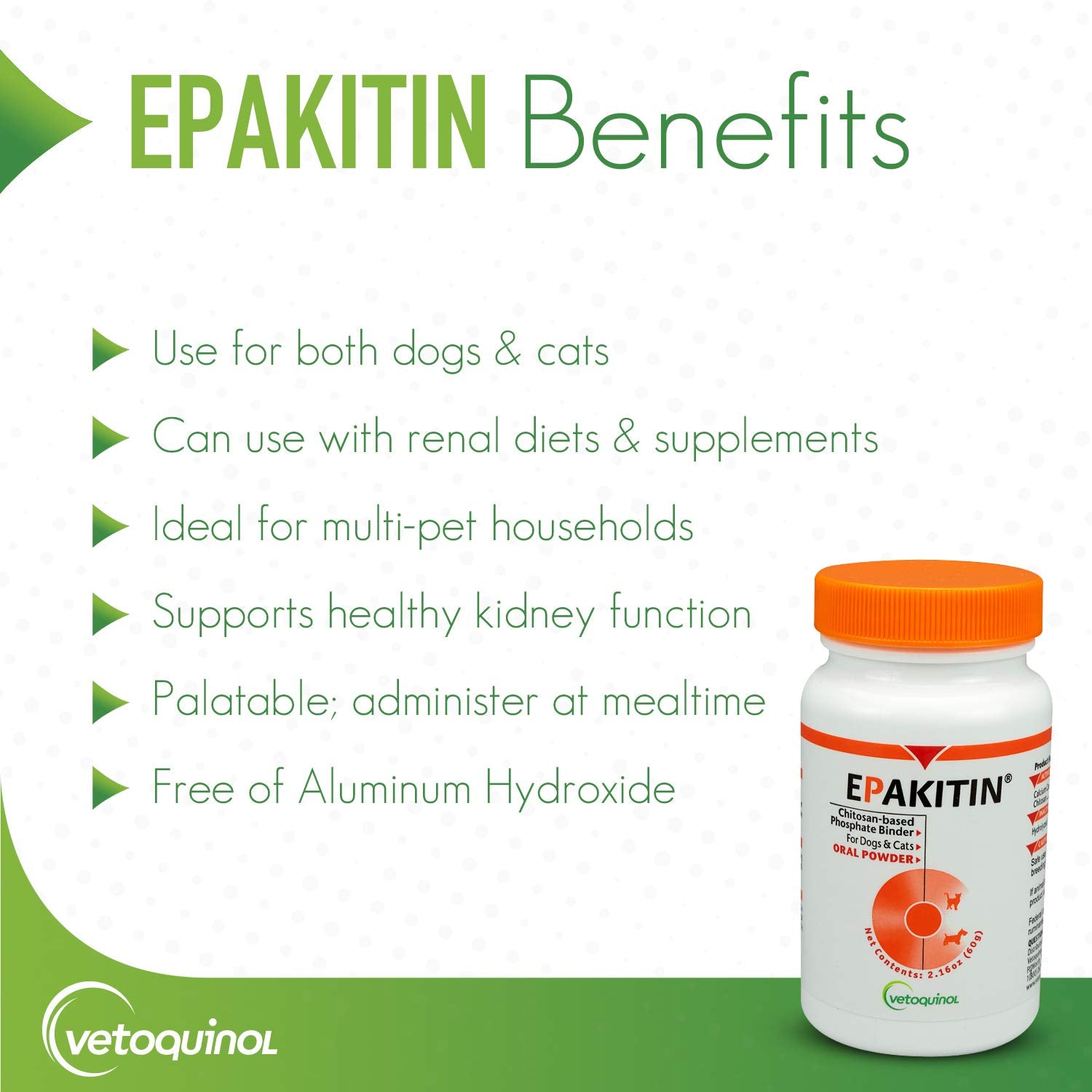 Vetoquinol Epakitin ingredientes-chitosan-calcio: apoyo mineral para dietas renales.