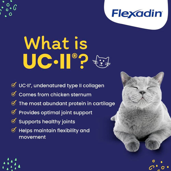 Vetoquinol Flexadin Gato contiene UC-II, ingrediente para articulaciones.