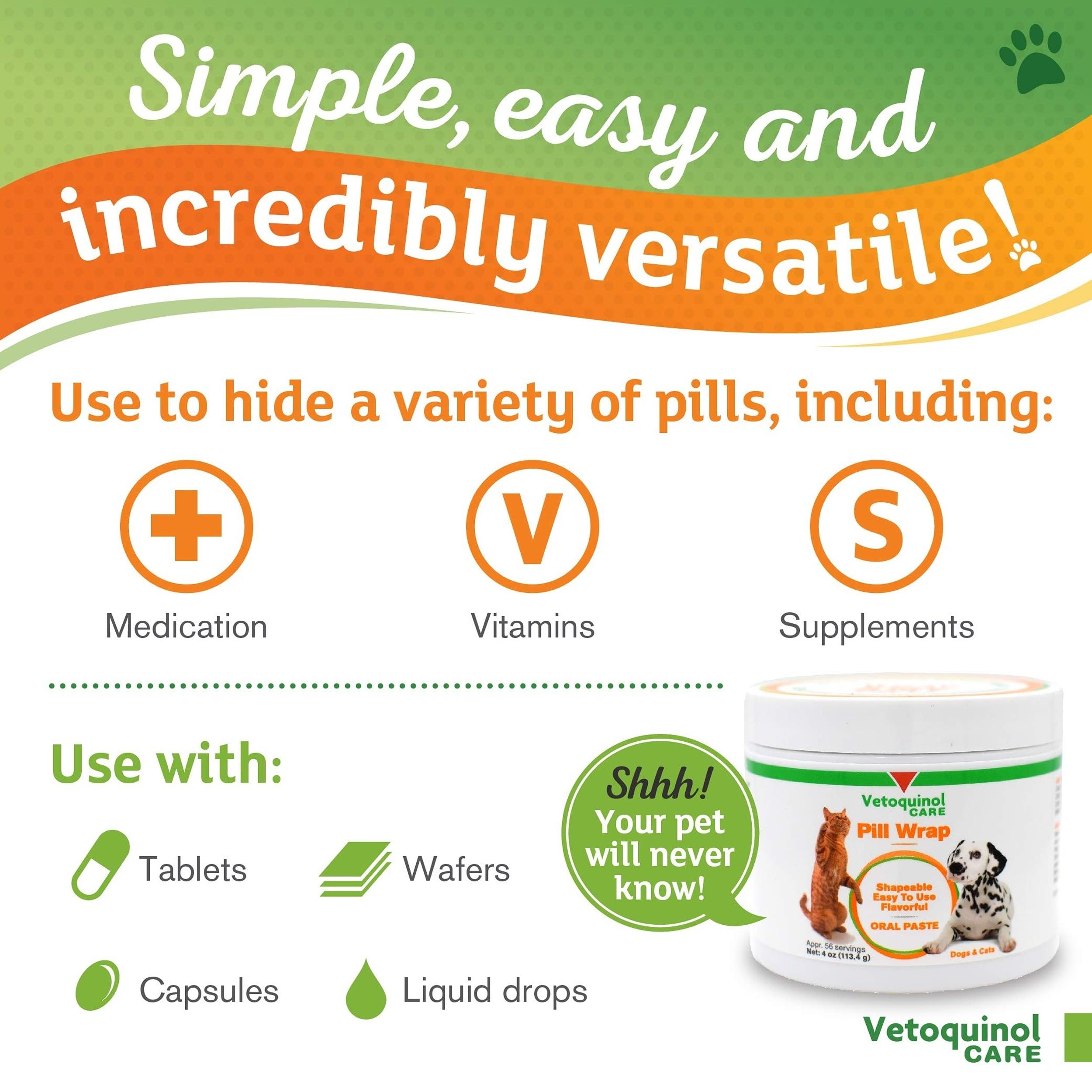 Vetoquinol píldora oculta con pasta, sabor agradable para perros y gatos.