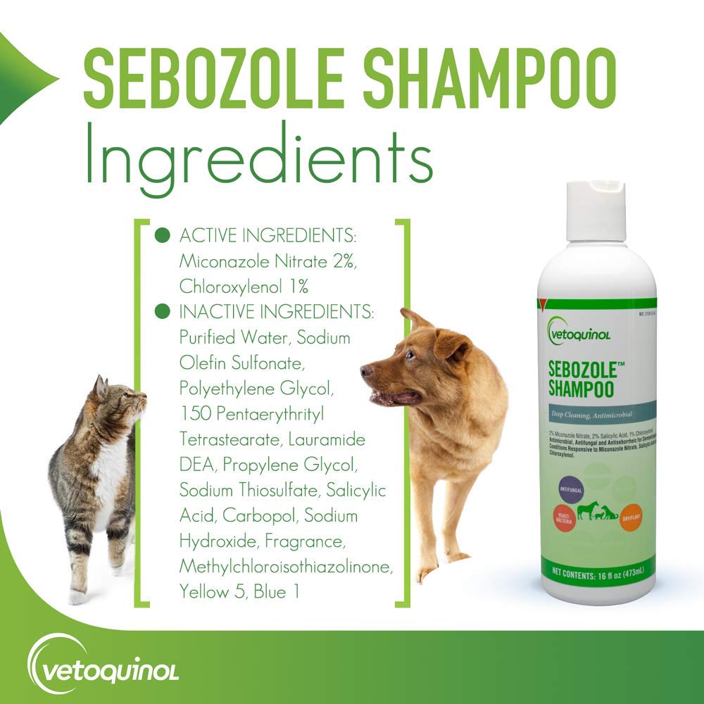 Vetoquinol Sebozole Champú etiqueta: ingredientes y recomendaciones para uso.