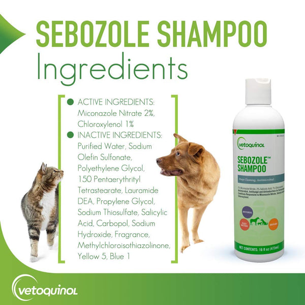 Vetoquinol Sebozole Champú etiqueta: ingredientes y recomendaciones para uso.