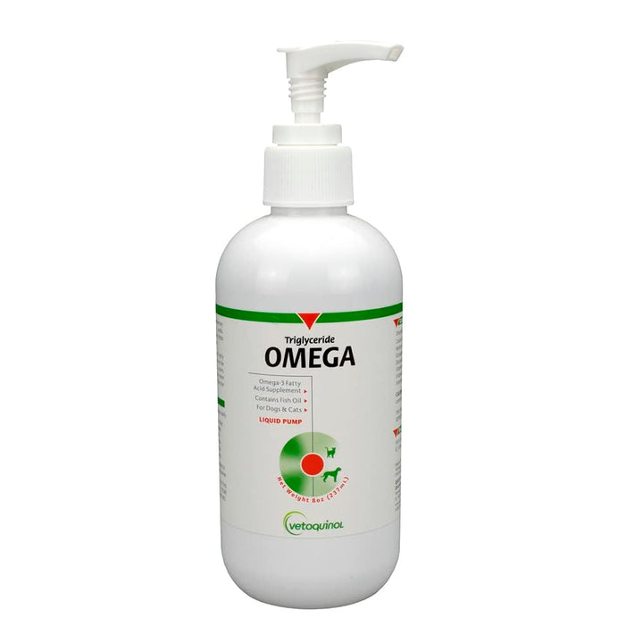 Vetoquinol Triglyceride Omega-3 en botella para perros y gatos, apoya piel sana y pelaje brillante.