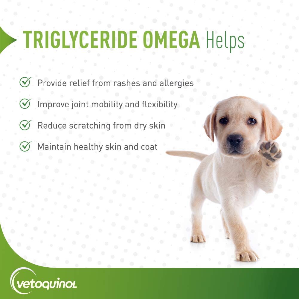 Vetoquinol Triglyceride etiqueta detallada con EPA y DHA para la salud general.