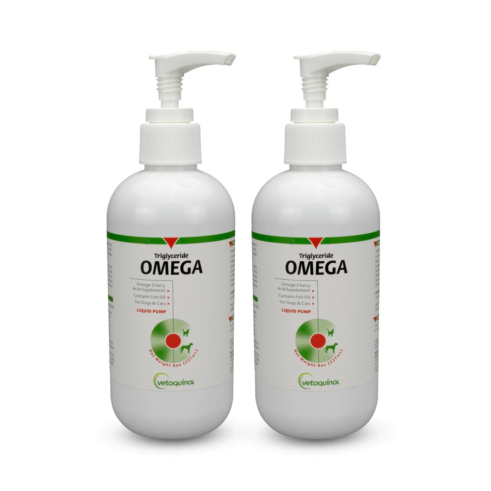 Vetoquinol Triglyceride frente de la botella, aceite de pescado para piel y pelaje saludables.