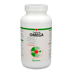 Vetoquinol Triglyceride Omega-3 en bote de cápsulas para perros grandes, apoya piel y pelaje.