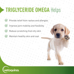 Vetoquinol Triglyceride Omega-3 cápsulas para perros de 60 libras, uso práctico en la dieta.