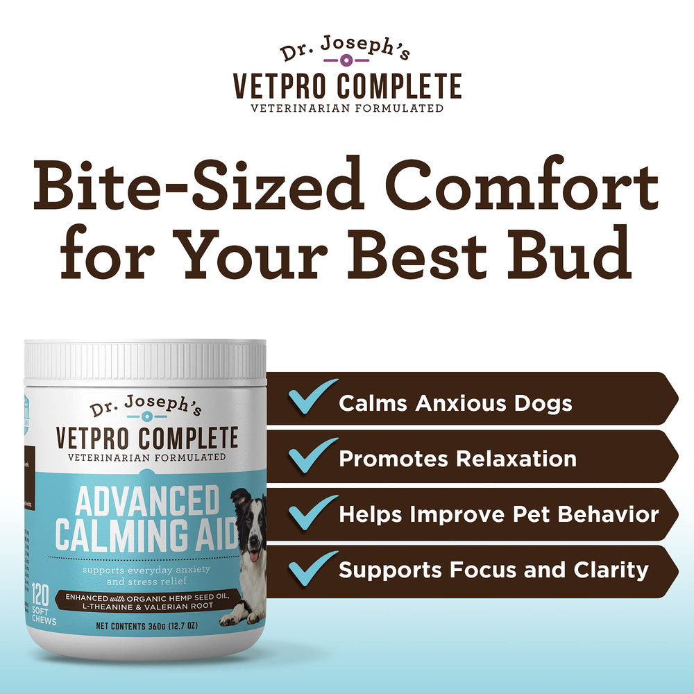 Envase de VetPro Advanced Calming Aid, diseño práctico para dosis diarias.