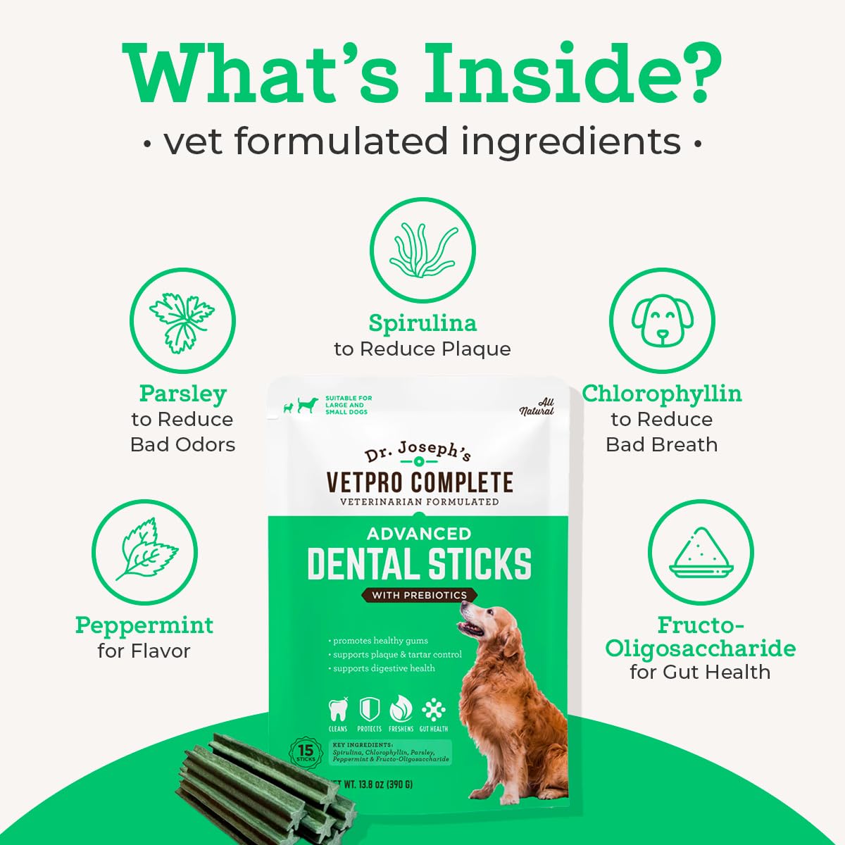 VetPro Complete palitos dentales, aliento más fresco para tu mascota.