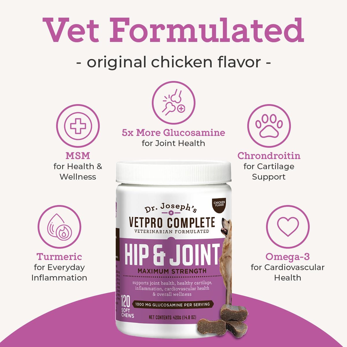 VetPro Complete sabor pollo, recompensa sabrosa para la rutina de cuidado.