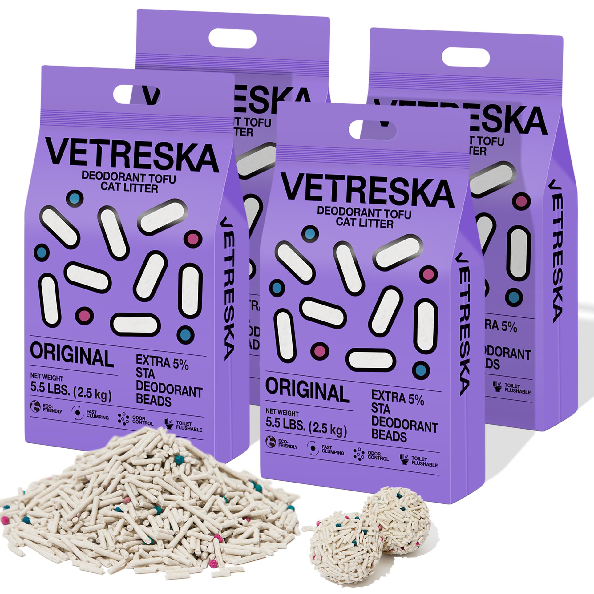 Vetreska arena de tofu para gatos, aglomeración instantánea para limpieza rápida