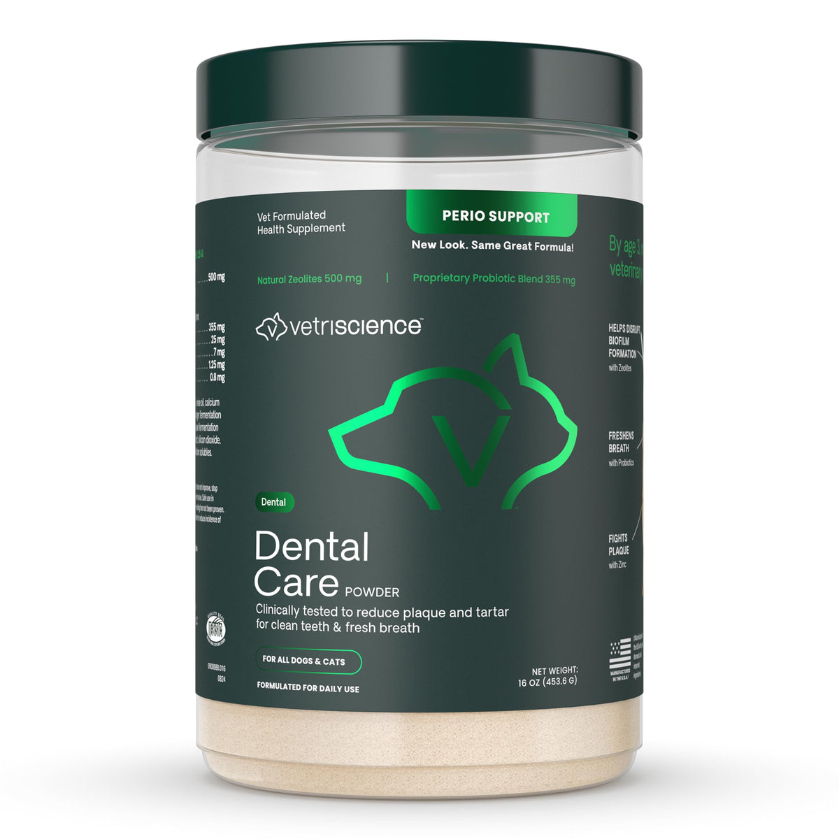 VetriScience Dental Care Powder aliento fresco para mascotas y dientes sanos.